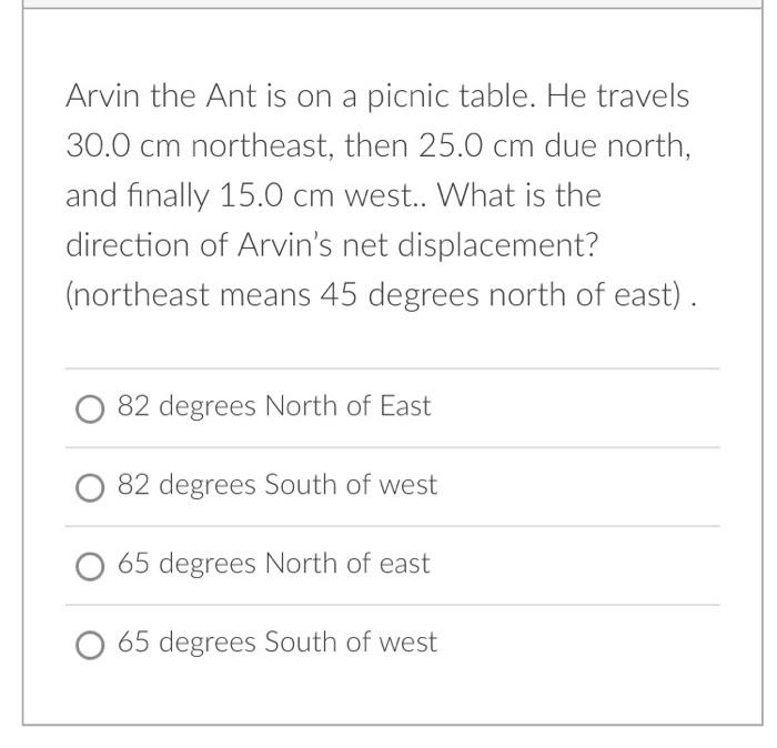 Arvin The Ant Is On A Picnic Table He Travels 30 0 Cm Northeast Then 25 0 Cm Due North And Finally 15 0 Cm West Wha 1