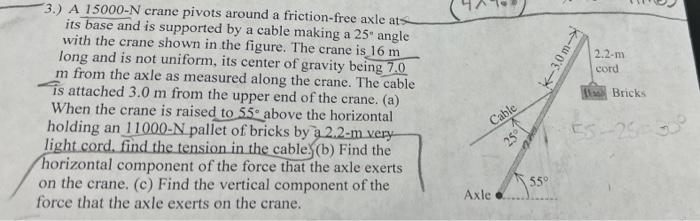 3 A 15000 N Crane Pivots Around A Friction Free Axle Ats Its Base And Is Supported By A Cable Making A 25 Angle With 1