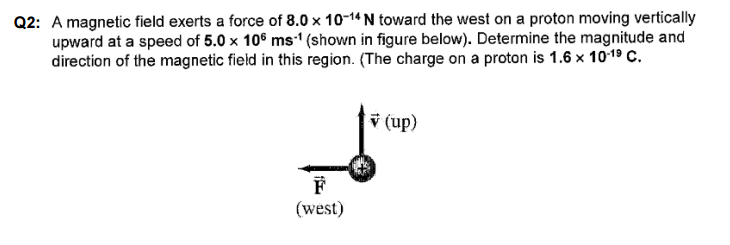 Q2 A Magnetic Field Exerts A Force Of 8 0 X 10 14 N Toward The West On A Proton Moving Vertically Upward At A Speed Of 1