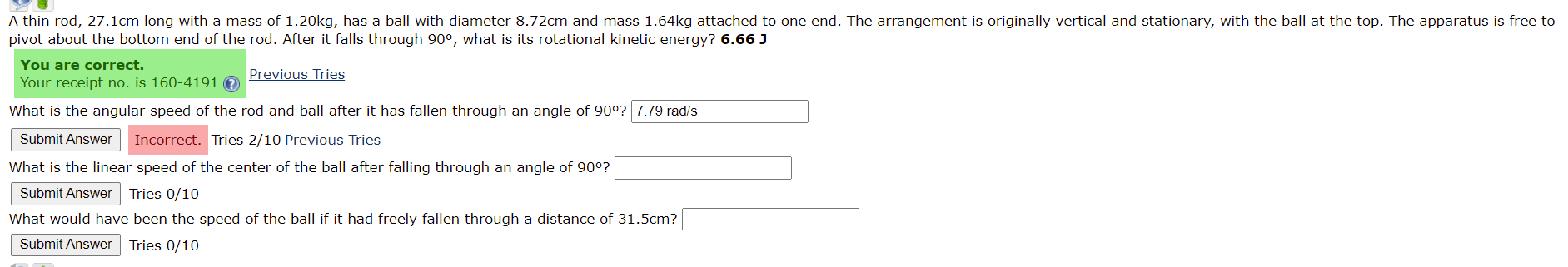 A Thin Rod 27 1cm Long With A Mass Of 1 20kg Has A Ball With Diameter 8 72cm And Mass 1 64kg Attached To One End The 1