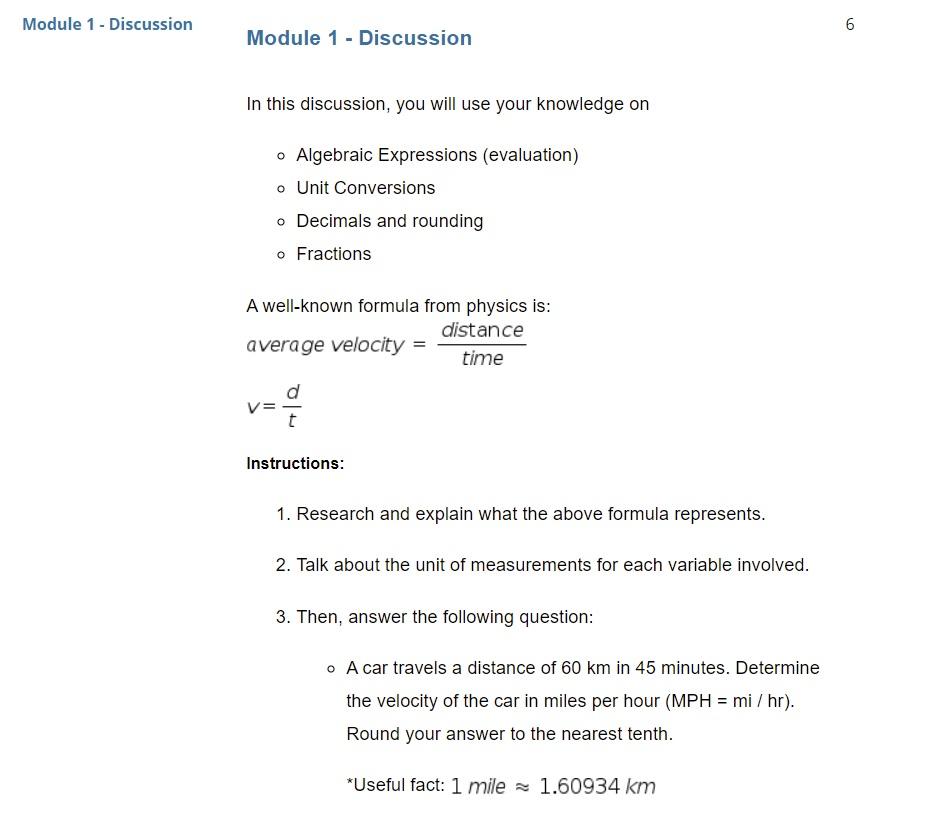 Module 1 Discussion Module 1 Discussion In This Discussion You Will Use Your Knowledge On O Algebraic Expressions 1