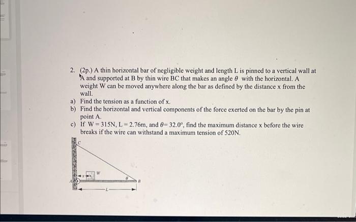 2 2p A Thin Horizontal Bar Of Negligible Weight And Length L Is Pinned To A Vertical Wall At A And Supported At B By 1