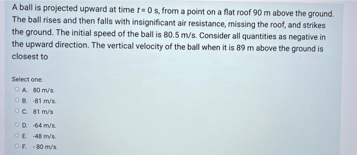 A Ball Is Projected Upward At Time T 0 S From A Point On A Flat Roof 90 M Above The Ground The Ball Rises And Then Fal 1