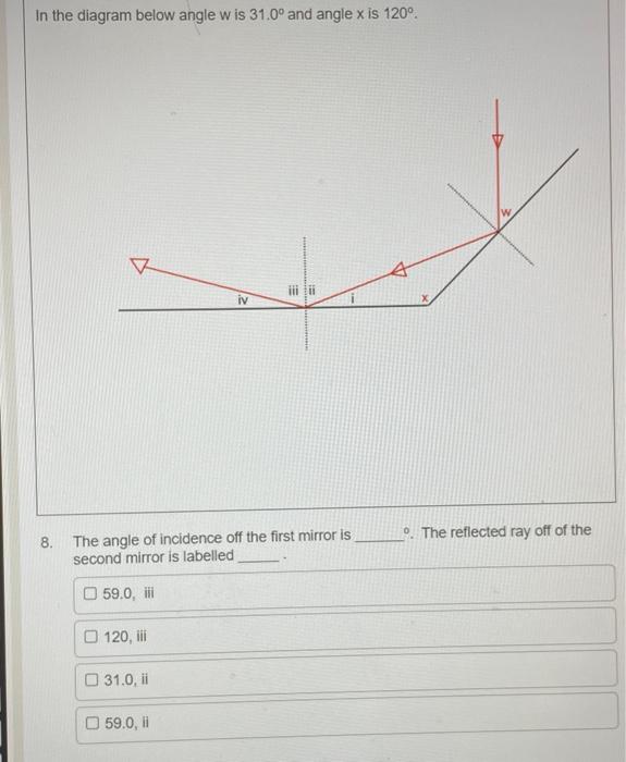 In The Diagram Below Angle W Is 31 0 And Angle X Is 120 Iv The Angle Of Incidence Off The First Mirror Is Second Mirr 1