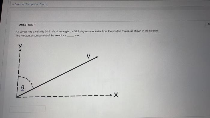 Question Completion Status Question 1 An Object Has A Velocity 24 6 M S At An Angle Q 32 9 Degrees Clockwise From The 1