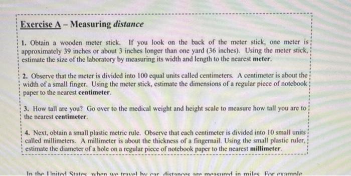 Exercise A Measuring Distance 1 Obtain A Wooden Meter Stick If You Look On The Back Of The Meter Stick One Meter Is 1