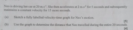 Neo Is Driving Her Car At 20 M S She Then Accelerates At 2 M S2 For 5 Seconds And Subsequently Maintains A Constant Ve 1