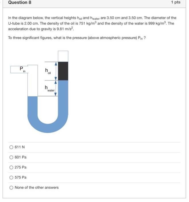 Question 8 1 Pts In The Diagram Below The Vertical Heights Holl And Hwater Are 3 50 Cm And 3 50 Cm The Diameter Of The 1