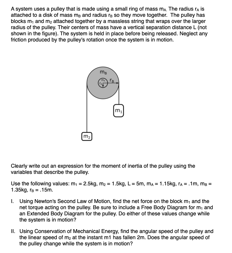 A System Uses A Pulley That Is Made Using A Small Ring Of Mass Ma The Radius Ra Is Attached To A Disk Of Mass Me And Ra 1