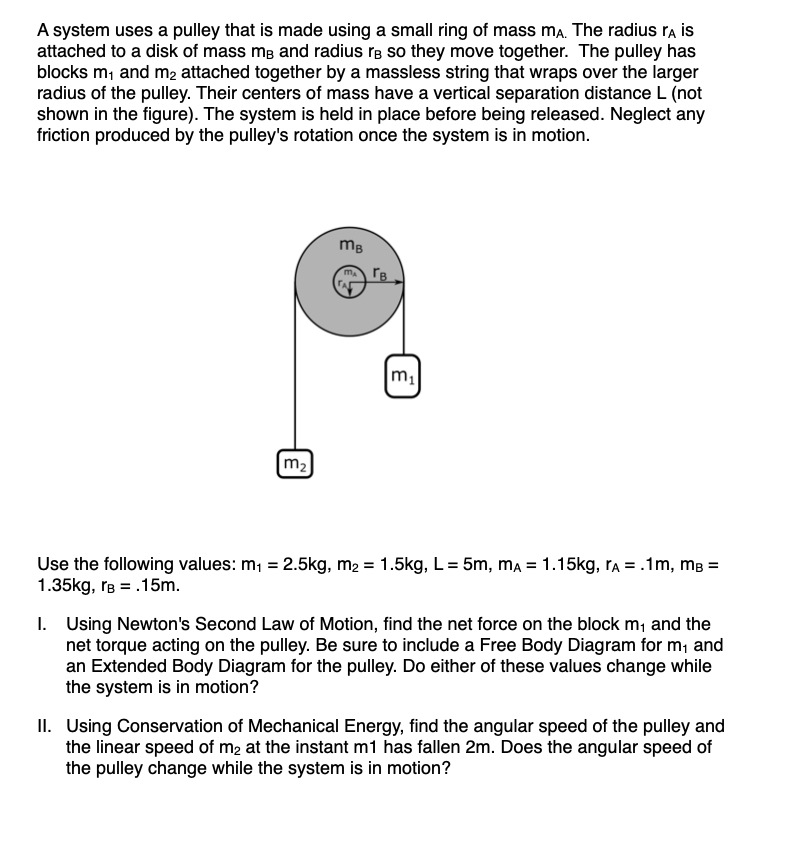 A System Uses A Pulley That Is Made Using A Small Ring Of Mass Ma The Radius Ra Is Attached To A Disk Of Mass Me And Ra 1