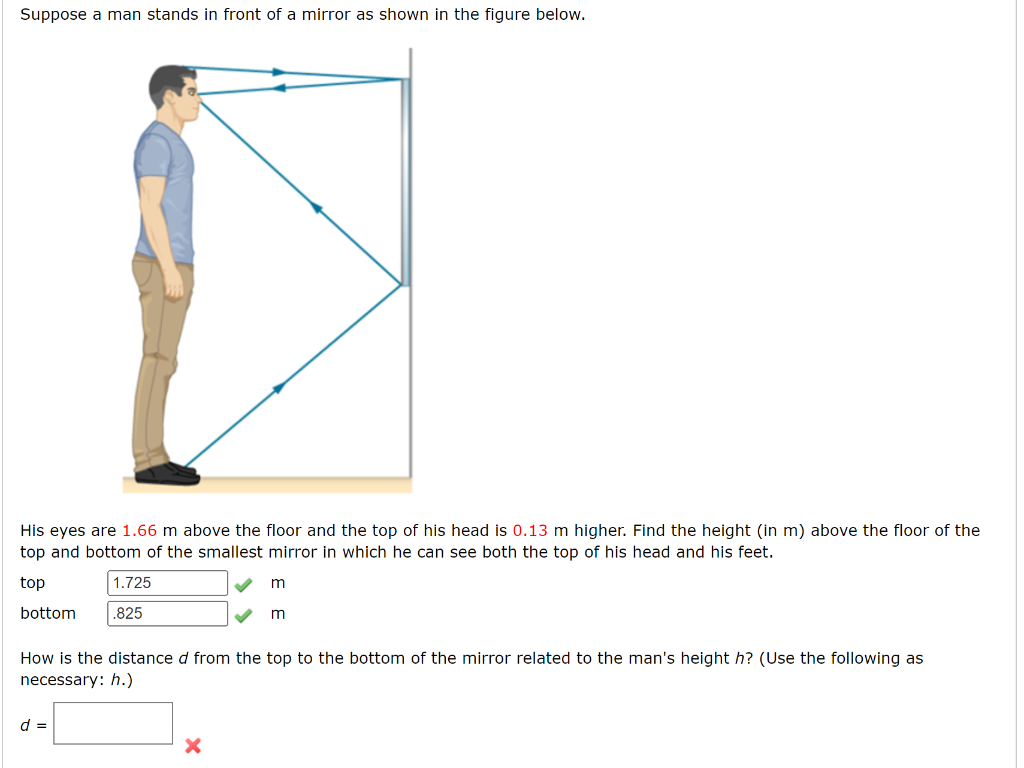 Suppose A Man Stands In Front Of A Mirror As Shown In The Figure Below How Is The Distance D From The Top To The Bottom 1