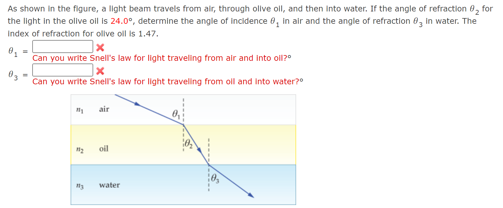 As Shown In The Figure A Light Beam Travels From Air Through Olive Oil And Then Into Water If The Angle Of Refractio 1