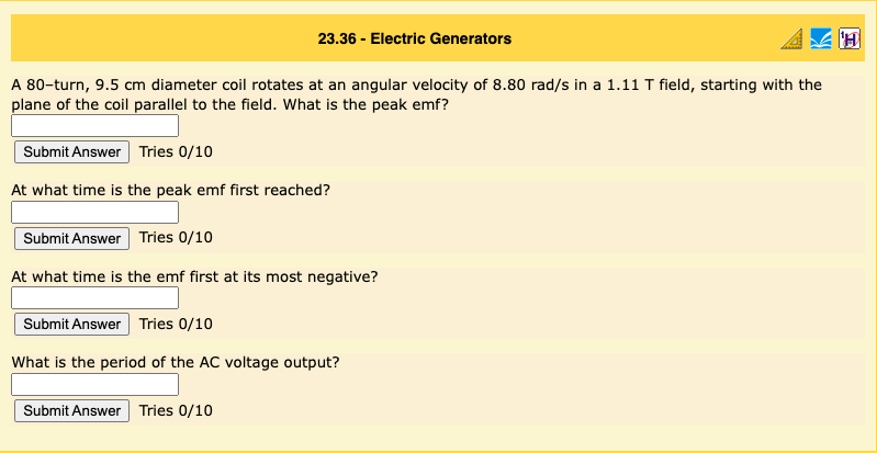23 36 Electric Generators A 80 Turn 9 5 Cm Diameter Coil Rotates At An Angular Velocity Of 8 80 Rad S In A 1 11 T Fie 1