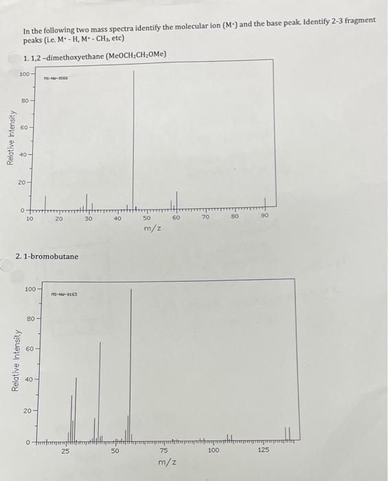 In The Following Two Mass Spectra Identify The Molecular Ion M And The Base Pcak Identify 2 3 Fragment Peaks E M 1
