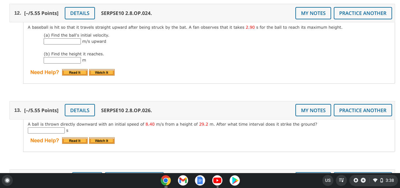 My Notes 12 5 55 Points Details Serpse10 2 8 Op 024 A Baseball Is Hit So That It Travels Straight Upward After Bei 1