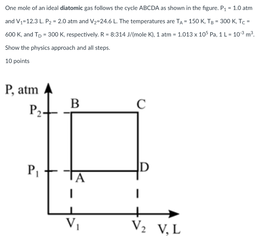 One Mole Of An Ideal Diatomic Gas Follows The Cycle Abcda As Shown In The Figure P 1 0 Atm And V 12 3 L P 2 0 A 1