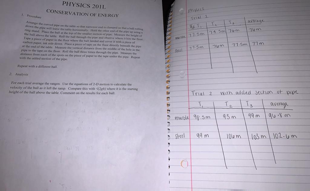 Physics 201l Conservation Of Energy 1 Procedure Arrange The Curved Pipe On The Table So That Narrower End Is Clamped So 1