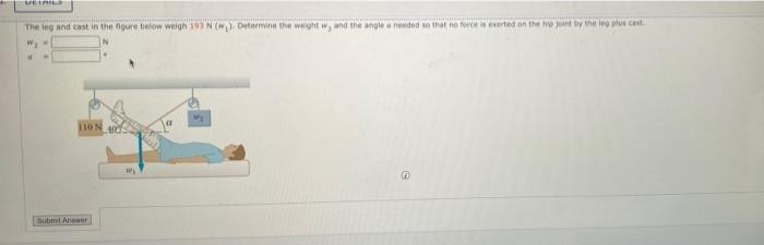 Vetails The Leg And Cast In The Figure Below Weigh 193 N W Determine The Weight W And The Angle A Needed So That No 1