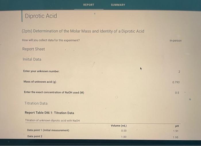 Report Summary Diprotic Acid 2pts Determination Of The Molar Mass And Identity Of A Diprotic Acid How Will You Collect 2