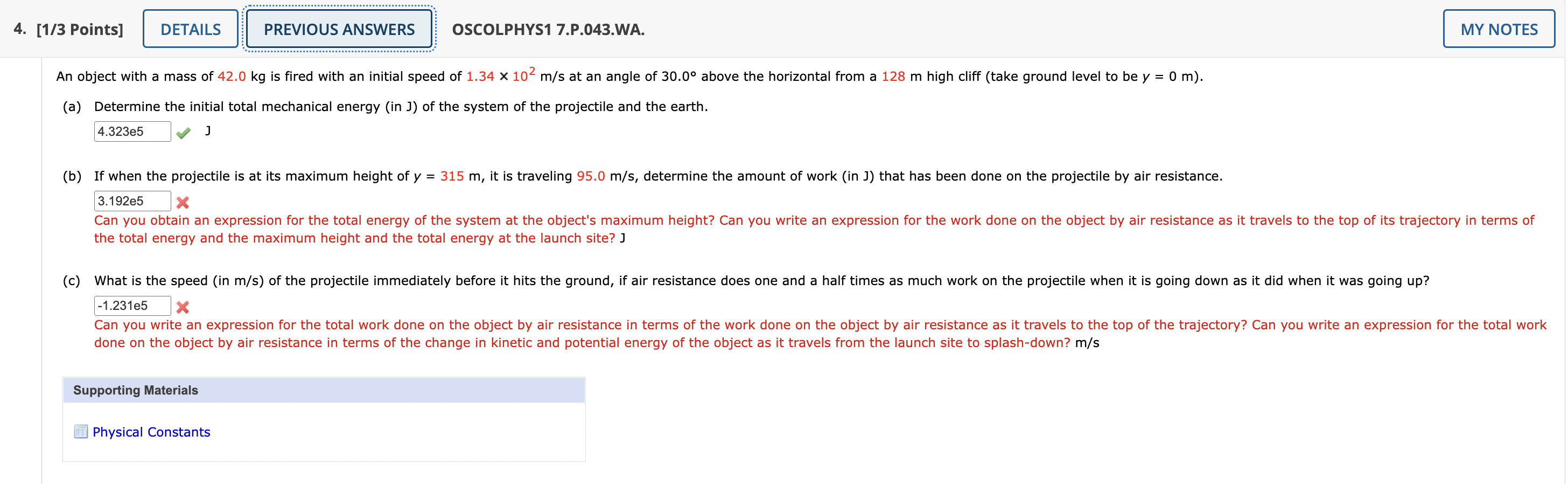 4 1 3 Points Details Previous Answers Oscolphys1 7 P 043 Wa My Notes An Object With A Mass Of 42 0 Kg Is Fired With 1