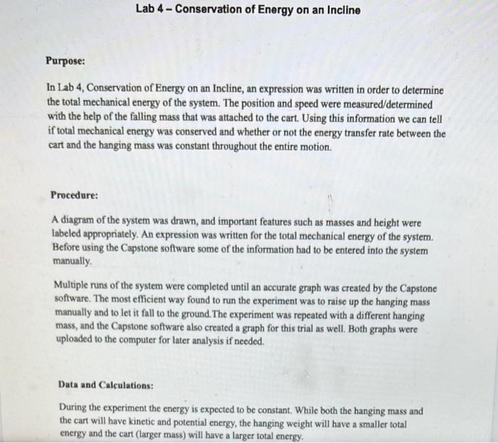 Lab 4 Conservation Of Energy On An Incline Purpose In Lab 4 Conservation Of Energy On An Incline An Expression Was 1