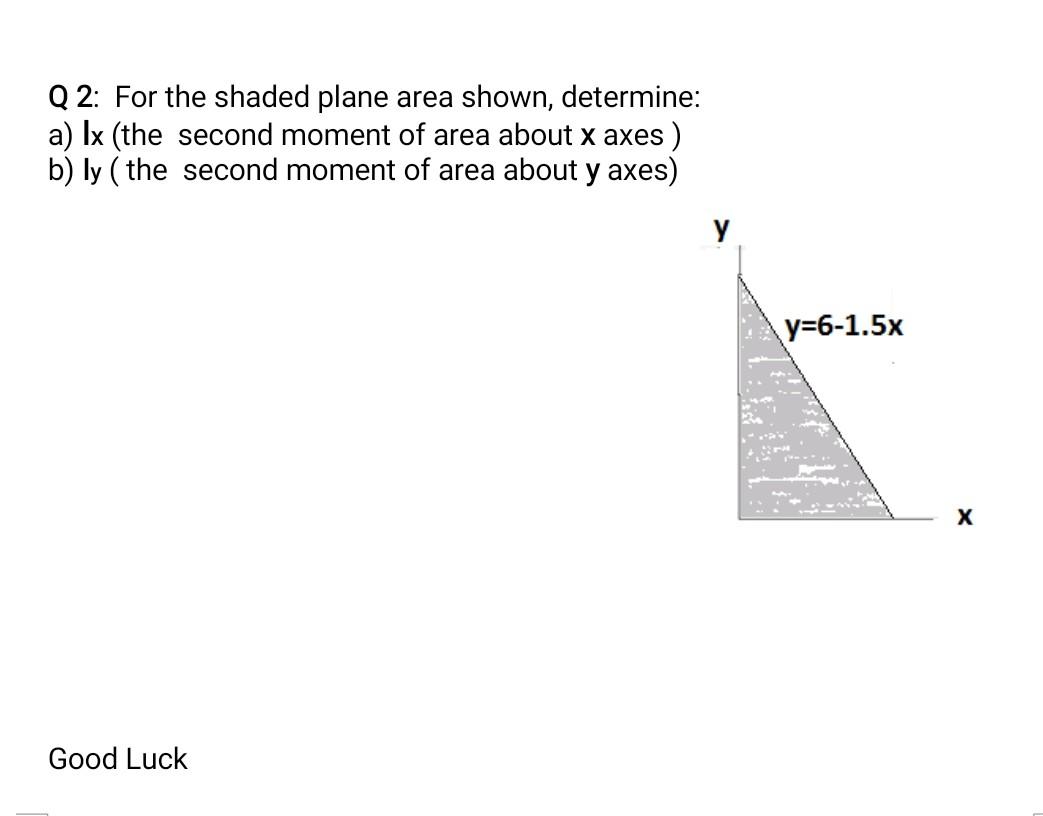 Q2 For The Shaded Plane Area Shown Determine A Ix The Second Moment Of Area About X Axes B Ly The Second Moment 1
