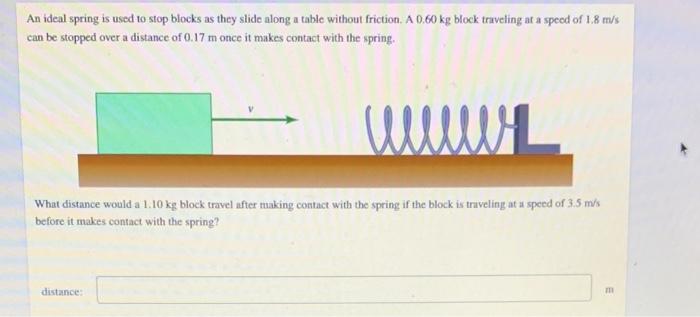 An Ideal Spring Is Used To Stop Blocks As They Slide Along A Table Without Friction A 0 60 Kg Block Traveling At A Spee 1
