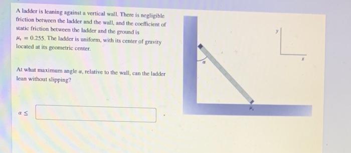 A Ladder Is Leaning Against A Vertical Wall There Is Negligible Friction Between The Ladder And The Wall And The Coeff 1