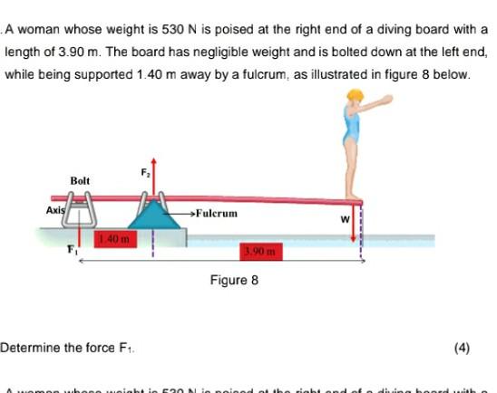 A Woman Whose Weight Is 530 N Is Poised At The Right End Of A Diving Board With A Length Of 3 90 M The Board Has Neglig 1