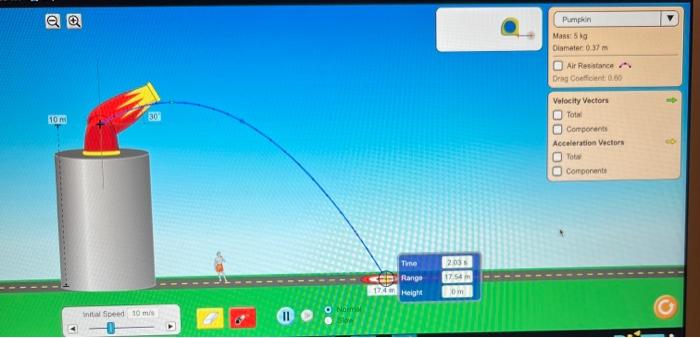 10 M 30 Inital Speed 10 M S O Norm Time Range 174 Height 17 54 M Om Pumpkin Mass 5 Kg Diameter 0 37 M Air Resistance D 1