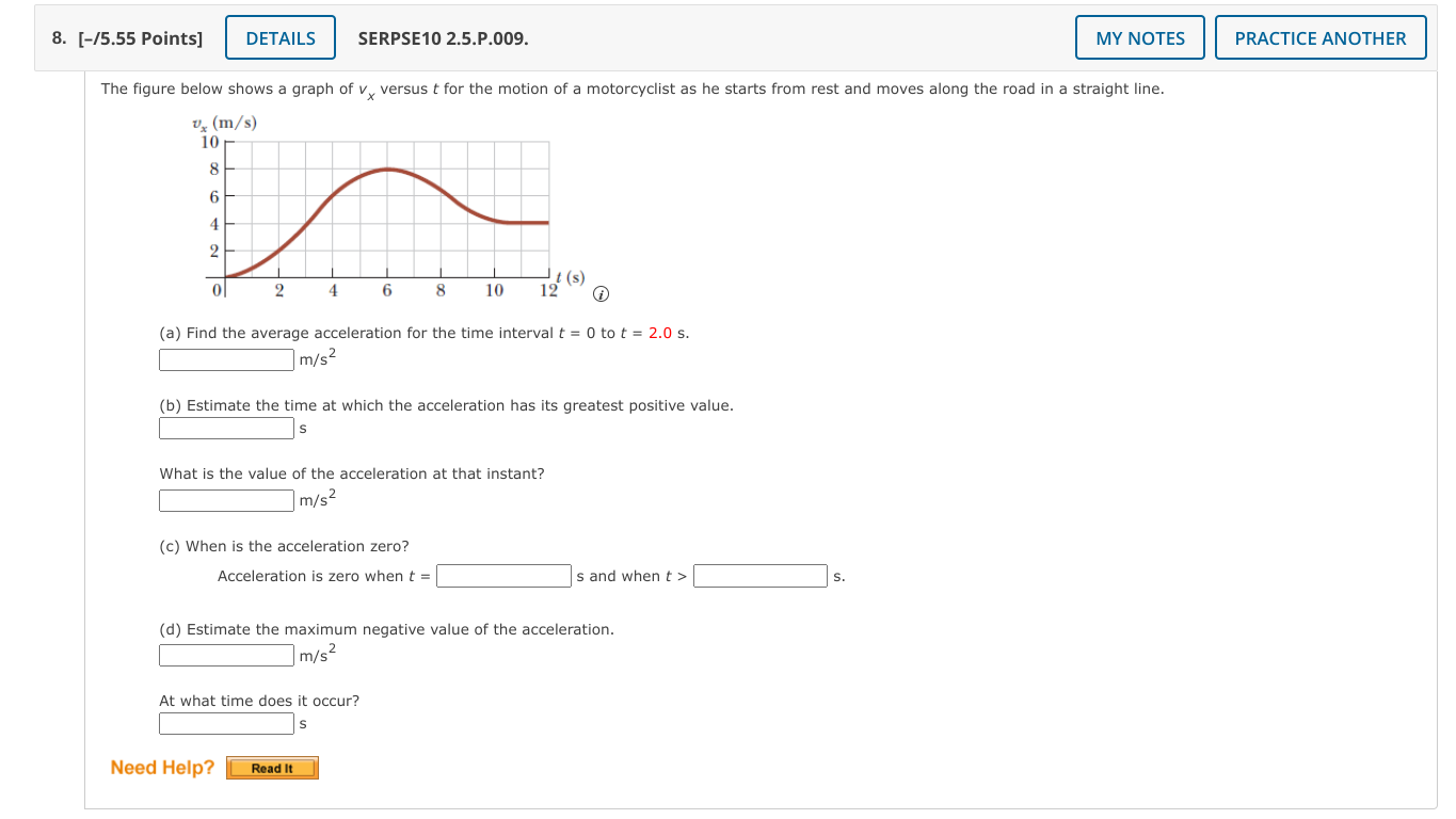 8 5 55 Points Details Serpse10 2 5 P 009 My Notes The Figure Below Shows A Graph Of V Versus For The Motion Of A M 1