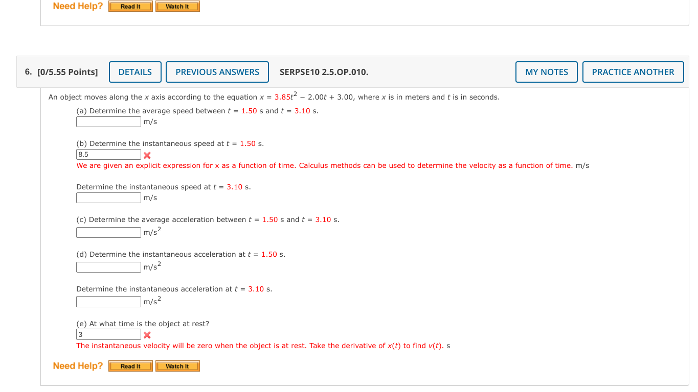 Need Help Read It 6 0 5 55 Points Details Previous Answers Serpse10 2 5 Op 010 My Notes An Object Moves Along The X 1