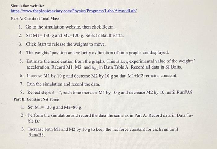 Simulation Website Https Www Thephysicsaviary Com Physics Programs Labs Atwoodlab Part A Constant Total Mass 1 Go 1
