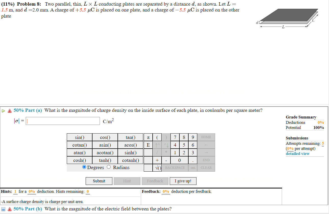 11 Problem 8 Two Parallel Thin L X L Conducting Plates Are Separated By A Distance D As Shown Let L 1 5 M And 1