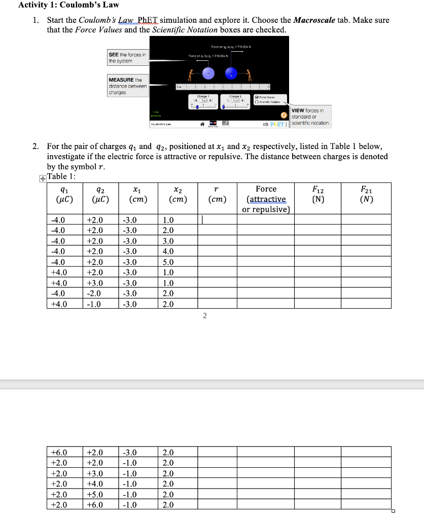 Activity 1 Coulomb S Law 1 Start The Coulomb S Law Phet Simulation And Explore It Choose The Macroscale Tab Make Sur 1