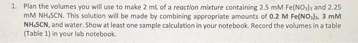 1 Plan The Volumes You Will Use To Make 2 Ml Of A Reaction Mixture Containing 2 5 Mm Fe No3 And 2 25 Mm Nh Scn This 1