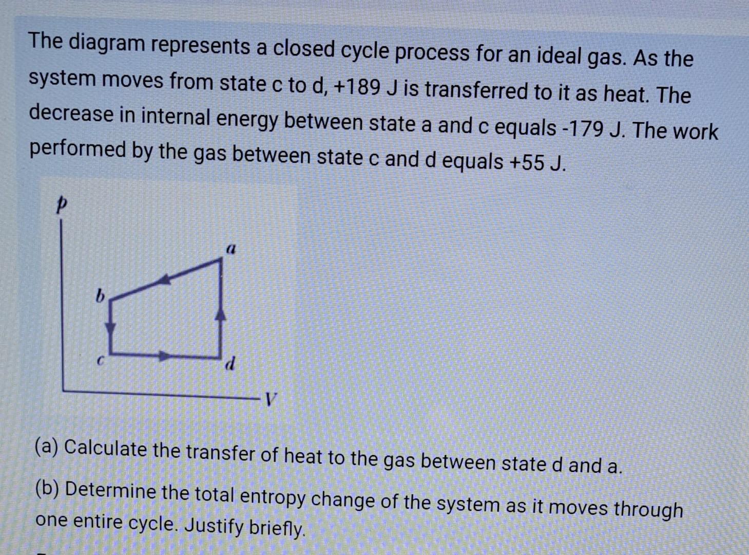 The Diagram Represents A Closed Cycle Process For An Ideal Gas As The System Moves From State C To D 189 J Is Transfe 1
