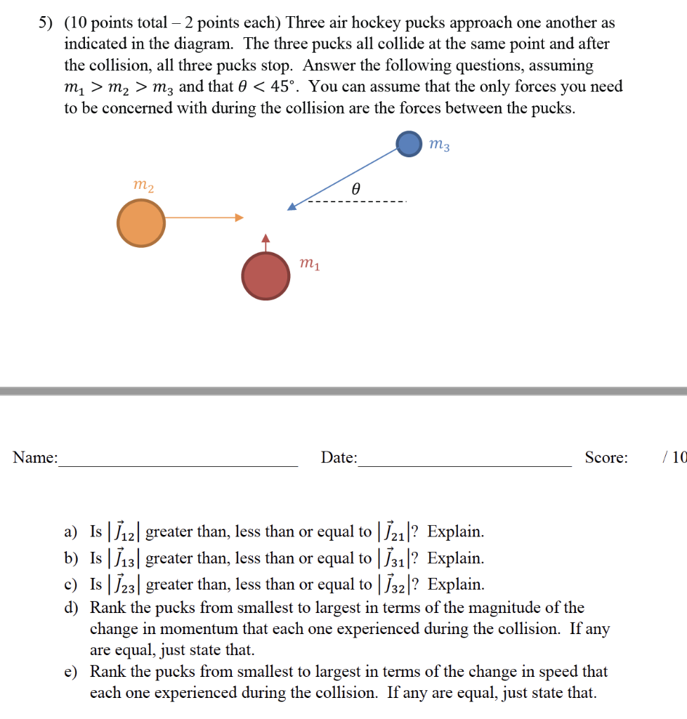 5 10 Points Total 2 Points Each Three Air Hockey Pucks Approach One Another As Indicated In The Diagram The Three 1