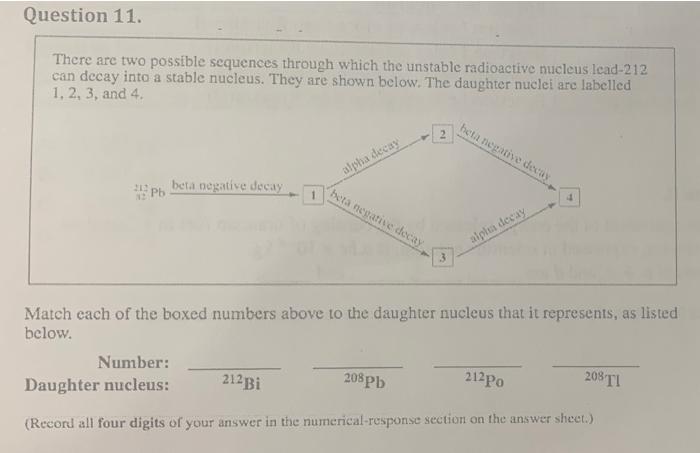 Question 11 There Are Two Possible Sequences Through Which The Unstable Radioactive Nucleus Lead 212 Can Decay Into A S 1