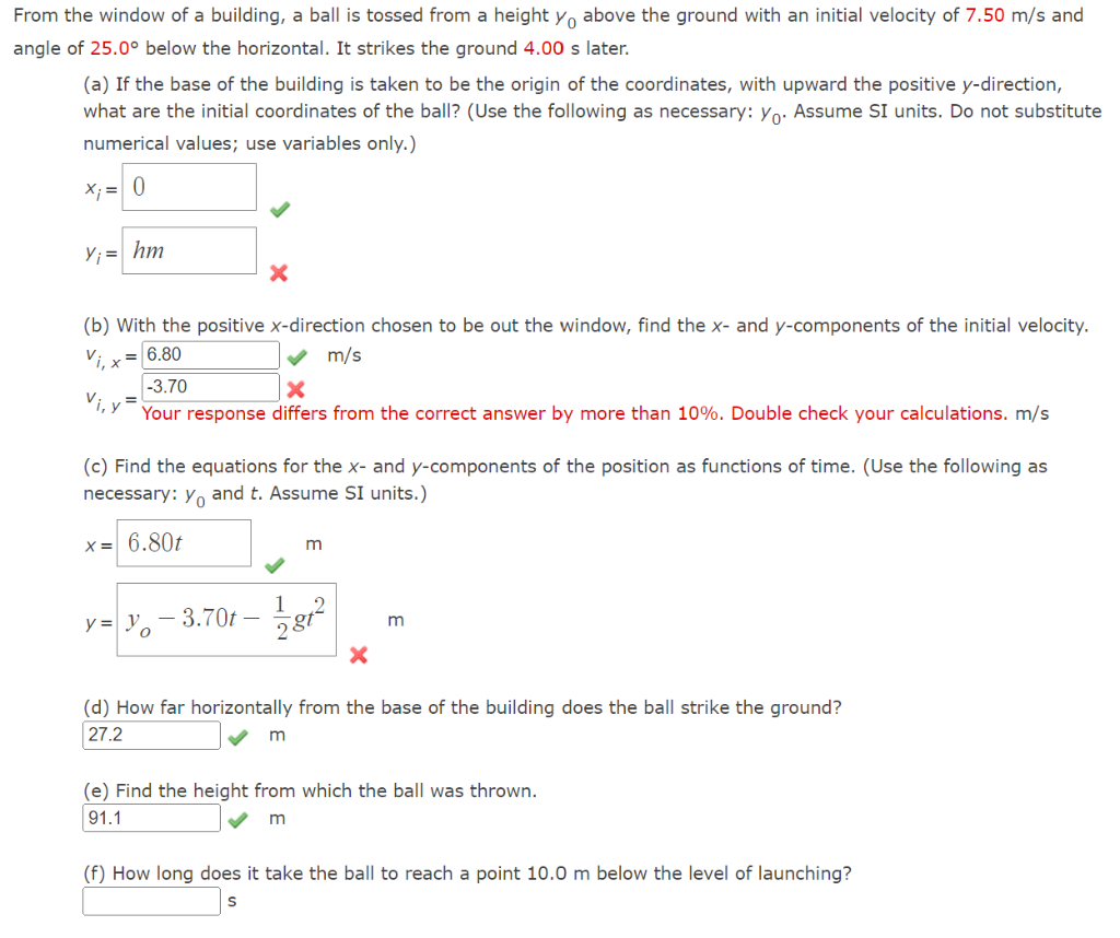 From The Window Of A Building A Ball Is Tossed From A Height Yo Above The Ground With An Initial Velocity Of 7 50 M S A 1