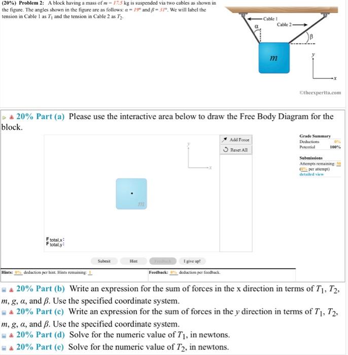 20 Problem 2 A Block Having A Mass Of M 17 5 Kg Is Suspended Via Two Cables As Shown In The Figure The Angles Show 1