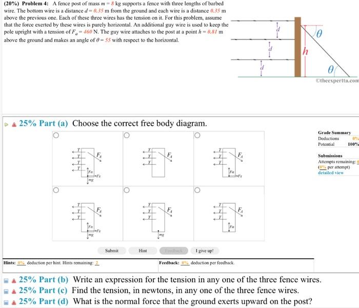 20 Problem 4 A Fence Post Of Mass M 8 Kg Supports A Fence With Three Lengths Of Barbed Wire The Bottom Wire Is A 1