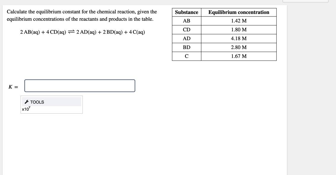 Substance Calculate The Equilibrium Constant For The Chemical Reaction Given The Equilibrium Concentrations Of The Reac 1