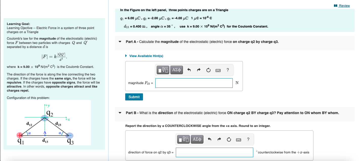 Learning Goal Learning Ojective Electric Force In A System Of Three Point Charges On A Triangle Coulomb S Law For Th 1