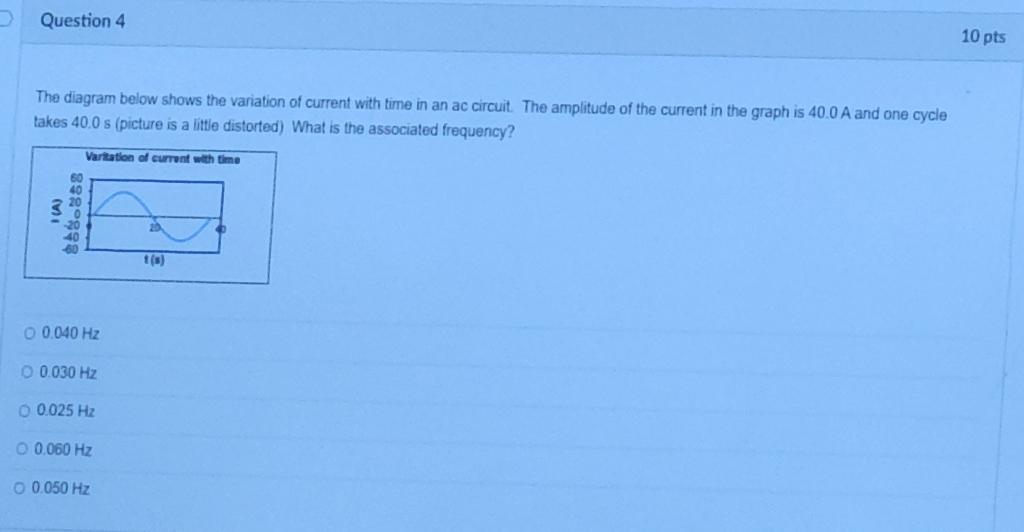 Question 4 10 Pts The Diagram Below Shows The Variation Of Current With Time In An Ac Circuit The Amplitude Of The Curr 1