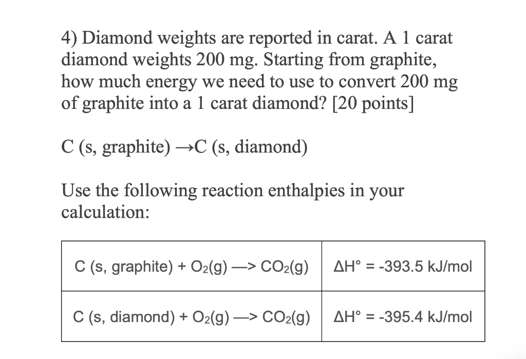 4 Diamond Weights Are Reported In Carat A 1 Carat Diamond Weights 200 Mg Starting From Graphite How Much Energy We N 1