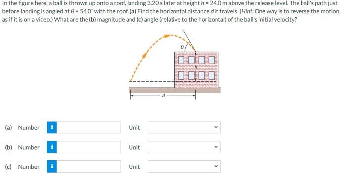 In The Figure Here A Ball Is Thrown Up Onto A Roof Landing 3 20 S Later At Height H 24 0 M Above The Release Level 1