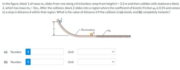 In The Figure Block 1 Of Mass M Slides From Rest Along A Frictionless Ramp From Height H 3 3 M And Then Collides Wit 2