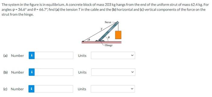 The System In The Figure Is In Equilibrium A Concrete Block Of Mass 203 Kg Hangs From The End Of The Uniform Strut Of M 1