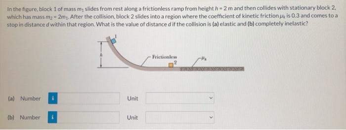 In The Figure Block 1 Of Mass My Slides From Rest Along A Frictionless Ramp From Height H 2 M And Then Collides With 1
